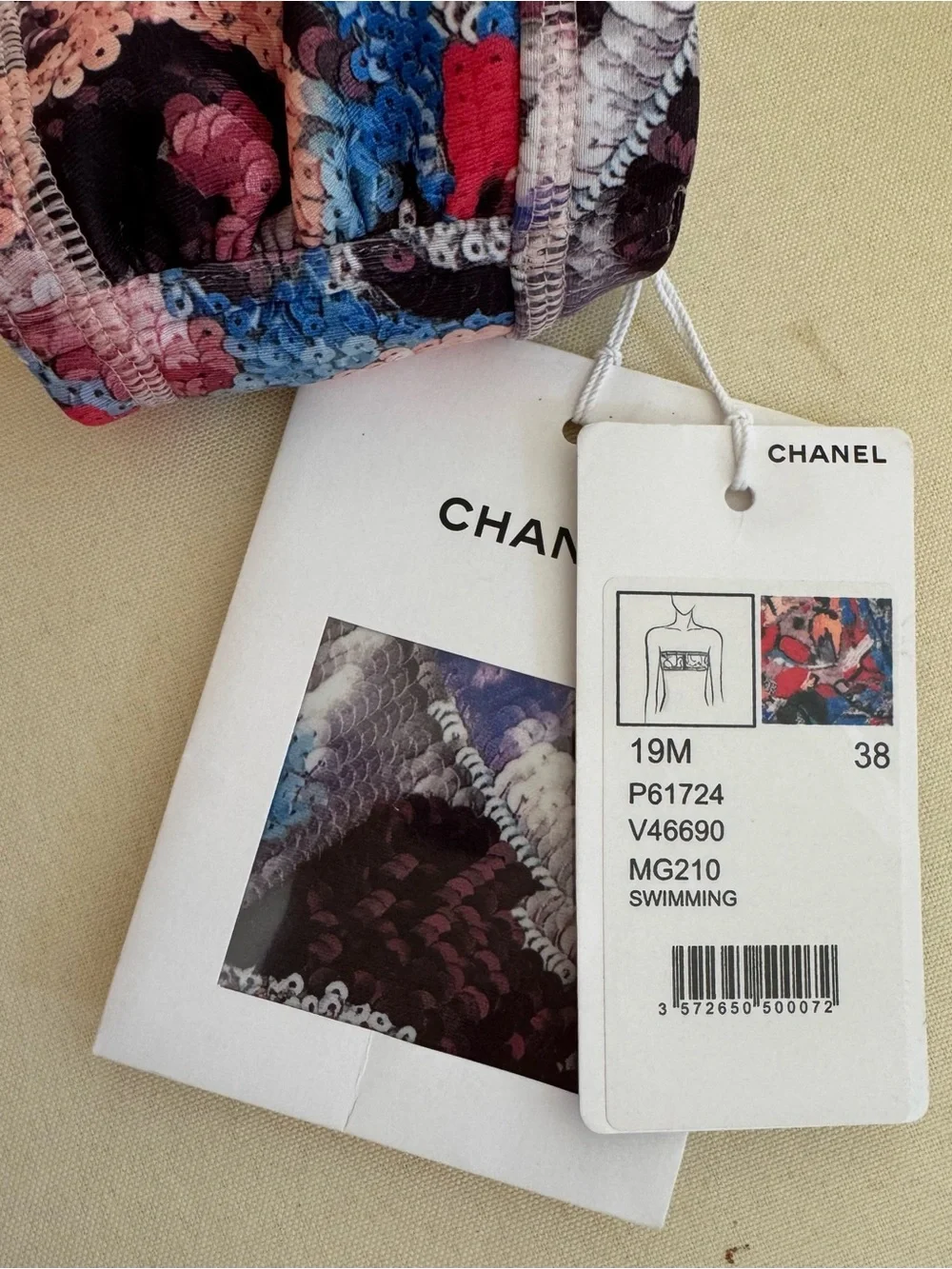 CHANEL Multicolor Sequin print bathing suit Top with Pink Center Zipper.